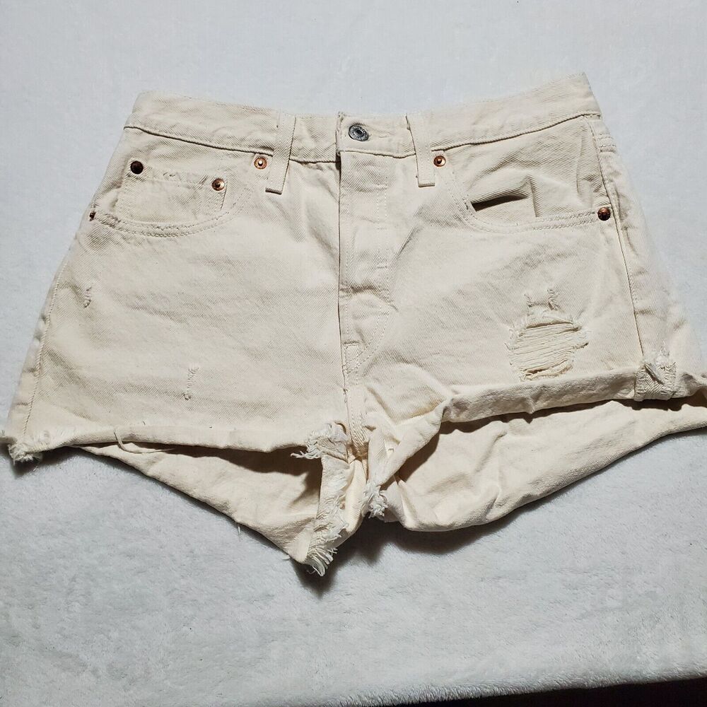 Levi's 501 Cut Off Jean Shorts Button Fly White Denim Raw Hem Women's Size 28